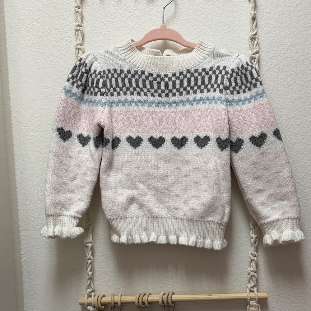 Cream and Pink Heart Pattern Women's Sweater